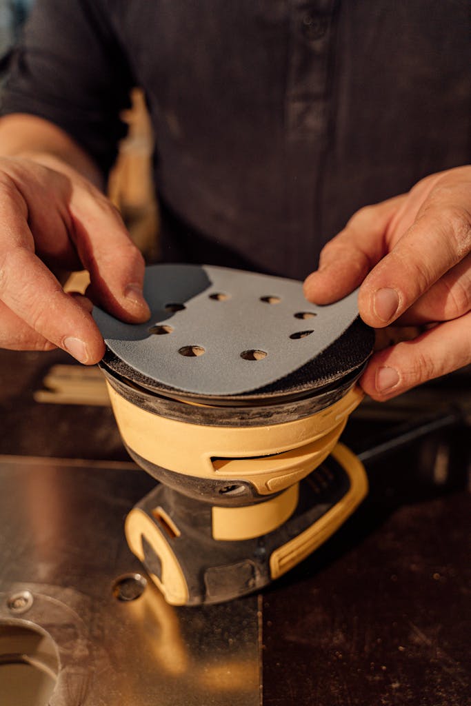 Hands carefully attaching a sanding pad to an industrial machine in a workshop setting.