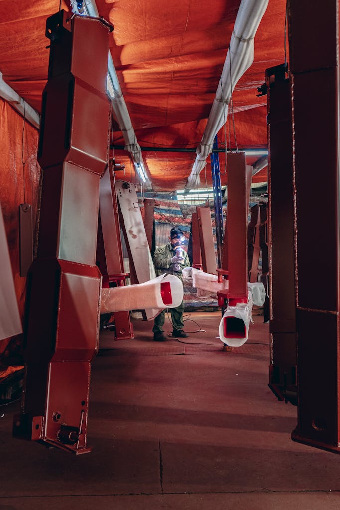 Welder working amid suspended metal structures in a factory setting.