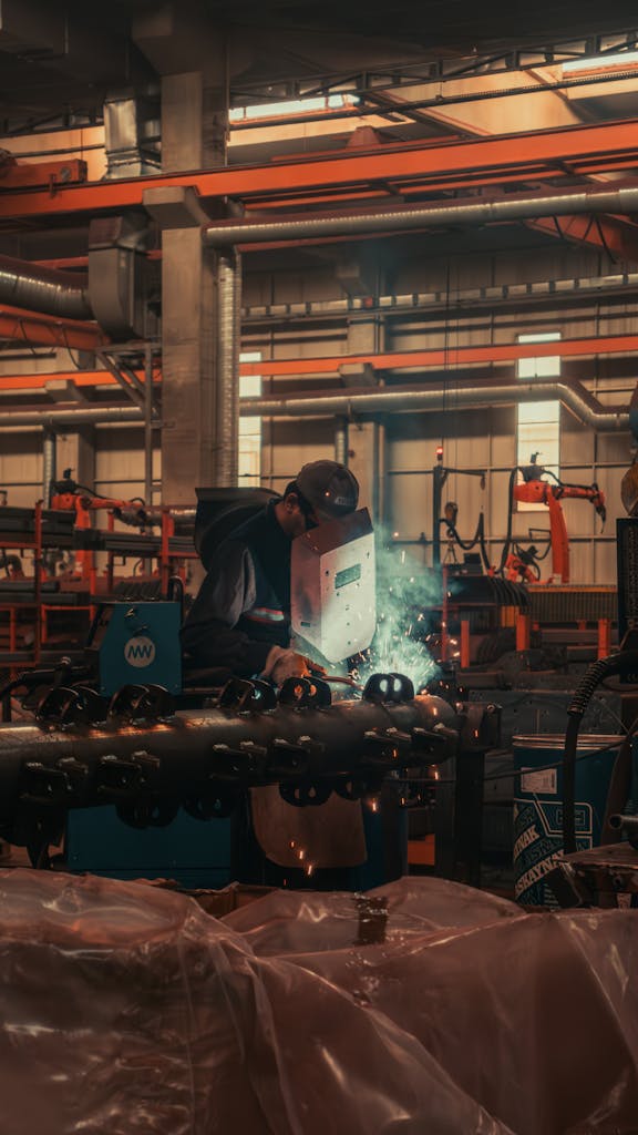 Welder engaged in precision welding work in a Konya factory, showcasing sparks and protective gear.